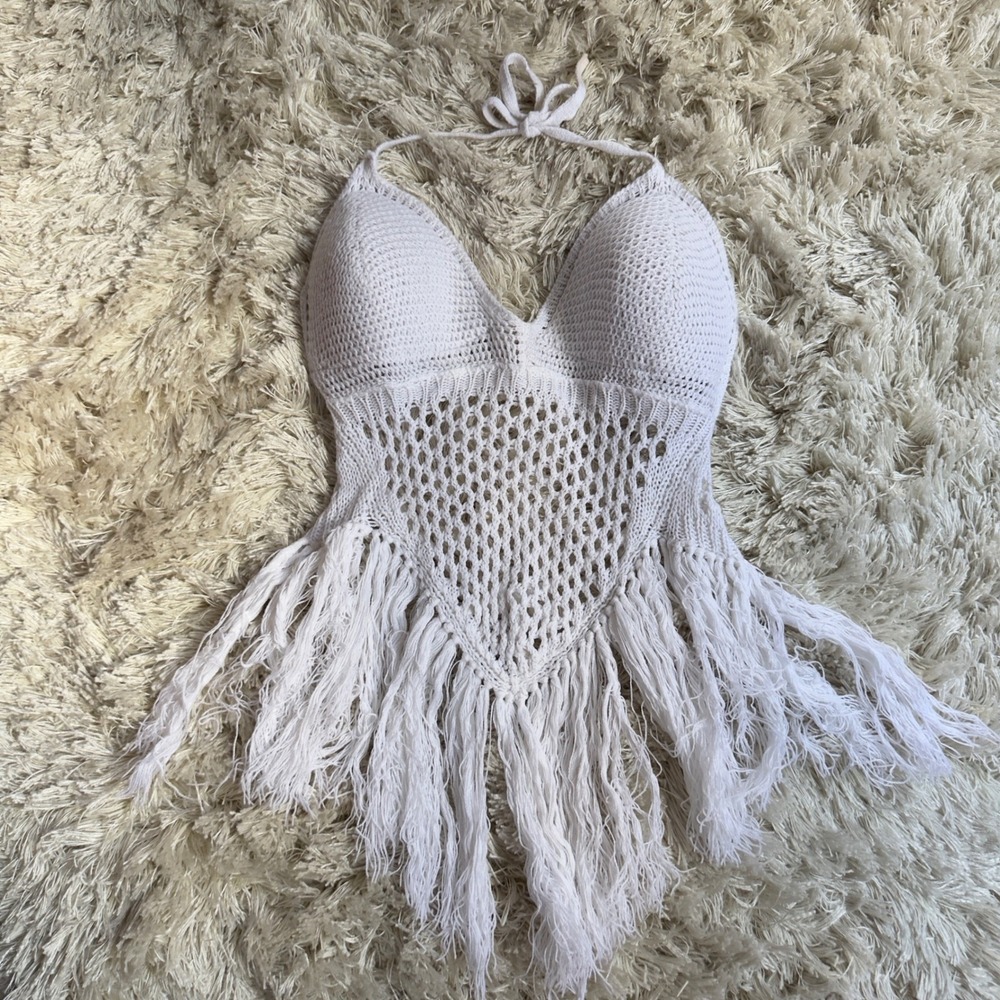 Boho White Crochet Fringe Open Back Halter Top Padded Knit Festival Hippie M